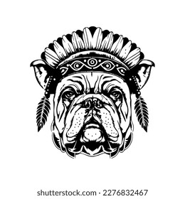 A bulldog wearing Indian chief headgear in Hand drawn line art illustration, perfect for sports teams, mascots, or logos