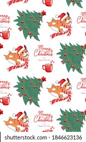 Bulldog wearing Santa Claus hat, Christmas and New Year. Seamless pattern in cartoon style. Isolated over white background. Vector.