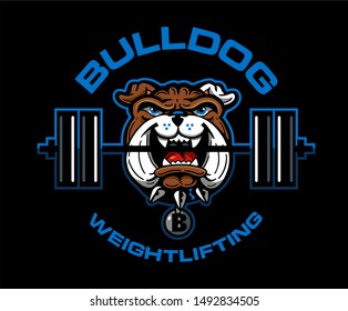bulldog weightlifting team design with mascot holding barbell for school, college or league