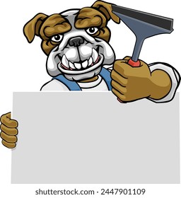 A bulldog window cleaner or car wash cleaning cartoon mascot man holding a squeegee washing tool