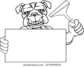 A bulldog window cleaner or car wash cleaning cartoon mascot man holding a squeegee washing tool