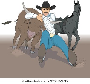 Bulldogging a Steer Vector Illustration