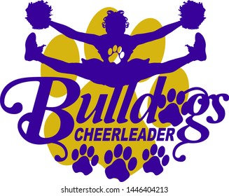 bulldogs cheerleader team design with cheerleader and paw prints for school, college or league