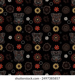 bulldogs in flowers on a dark background