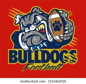 bulldogs football team design with mascot holding ball in paw for school, college or league