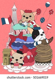 bulldogs with french pastry and buildings, pink background