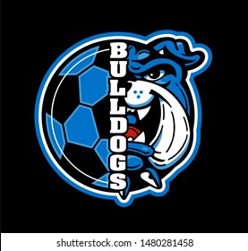 bulldogs soccer team design with half mascot face and ball for school, college or league