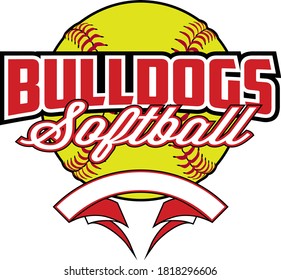 Bulldogs Softball Design With Banner and Ball is a team design template that includes a softball graphic, overlaying text and a blank banner with space for your own information. Great for advertising.