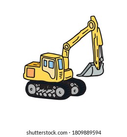 Bulldozer with big shovel, simple hand drawn colored illustration symbol. Construction vehicle with scoop colorful symbol drawing and original cartoon sketch. Tracked vehicle for excavation sand.