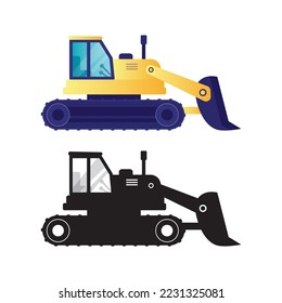 Bulldozer and black silhouette isolated on white background. Construction equipment, hydraulic machine, earthmover. Industrial truck. Trendy flat vector illustration