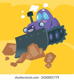 Bulldozer by road construction action Character Cartoon style vector 