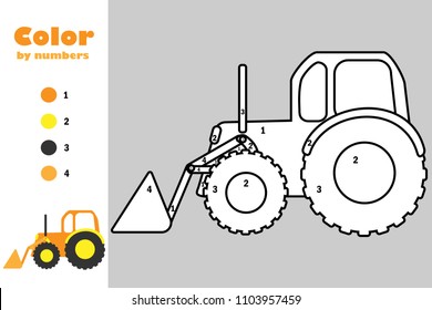 Bulldozer in cartoon style, color by number, education paper game for the development of children, coloring page, kids preschool activity, printable worksheet, vector illustration