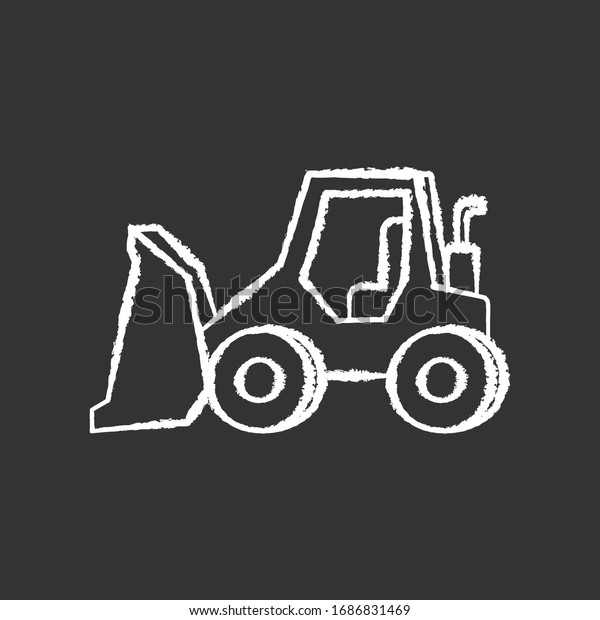 Bulldozer chalk white icon on black\
background. Road works industrial truck. Dozer for ground loading.\
Excavator for construction. Agricultural transport. Isolated vector\
chalkboard\
illustration