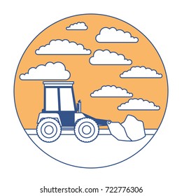 bulldozer in circular frame with cloud landscape on color section silhouette vector illustration