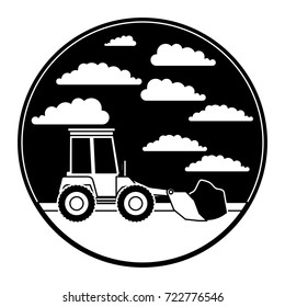 bulldozer in circular frame with cloud landscape on monochrome silhouette vector illustration