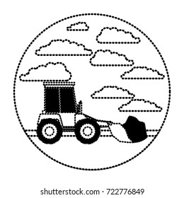 bulldozer in circular frame with cloud landscape on monochrome dotted silhouette vector illustration