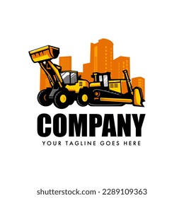 Bulldozer in der Stadt Logo-Design-Vektorgrafik für Bauunternehmen
