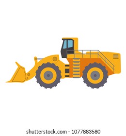 Bulldozer Construction Equipment. Tractor Vehicle Industry Heavy Machinery Vector Illustration Work Yellow Machine. Excavator Scoop Loader Shovel Hydraulic Excavation Isolated Digger Mover.