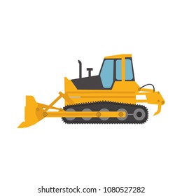 Bulldozer construction equipment. Tractor vehicle industry heavy machinery vector illustration work yellow machine. Excavator scoop loader shovel hydraulic excavation isolated digger mover.