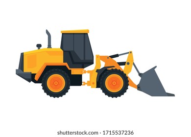 Bulldozer Construction Machinery, Heavy Special Transport, Service Vehicle, Side View Flat Vector Illustration