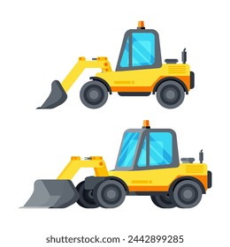 Bulldozer Construction Machinery Isolated on White. Yellow Bulldozer Side View. Plastic Children Toy. Heavy Building Machine. Tractor with Loading Shield Industrial Equipment. Flat Vector Illustration