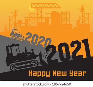 Bulldozer, Construction power machinery, Large bulldozer at the construction site, Happy New Year 2021 card, vector illustration