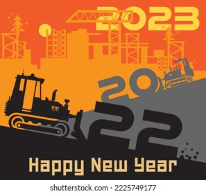 Bulldozer, Construction power machinery, Large bulldozer at the construction site, Happy New Year 2023 card, vector illustration