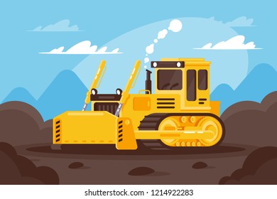 Bulldozer at a construction site surrounded by land. Concept equipment for working with landscape, heavy machinery, vehicle.Vector illustration.