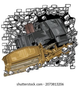 bulldozer destroys brick wall. vector illustration.