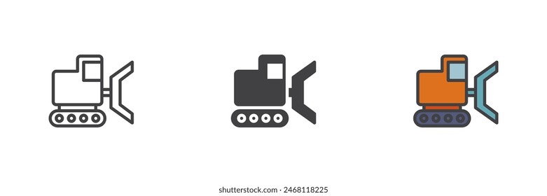 Bulldozer different style icon set. Line, glyph and filled outline colorful version, outline and filled vector sign. Excavator Symbol, logo illustration. Vector graphics