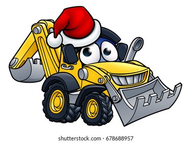 Bulldozer digger construction vehicle cartoon character mascot wearing a Christmas Santa hat