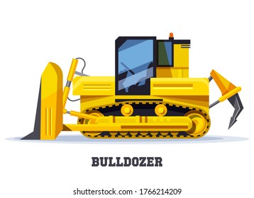 Bulldozer digger or tractor in flat, yellow truck