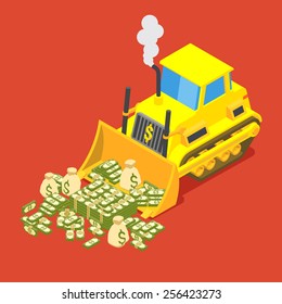 A bulldozer is dozing money into pile. Conceptual illustration suitable for advertising and promotion