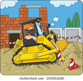 Bulldozer with driver, construction worker. Vector cartoon for kids. Small funny vector cute car with man. Children illustration. Construction machinery.