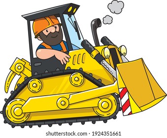 Bulldozer with driver, construction worker. Vector cartoon for kids. Small funny vector cute car with man. Children illustration. Construction machinery.