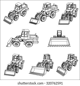 Bulldozer. Eight 3D projection vector. Linear drawing on a white background. Set of eight blueprints.