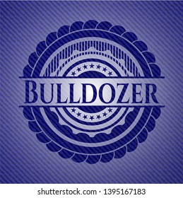 Bulldozer emblem with jean background. Vector Illustration. Detailed.
