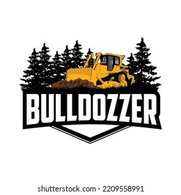 Bulldozer emblem logo with tree and mountain theme