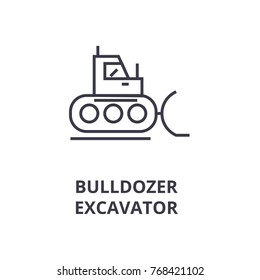 bulldozer, excavator line icon, outline sign, linear symbol, vector, flat illustration