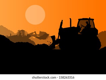 Bulldozer and excavator loader at industrial construction site vector background illustration