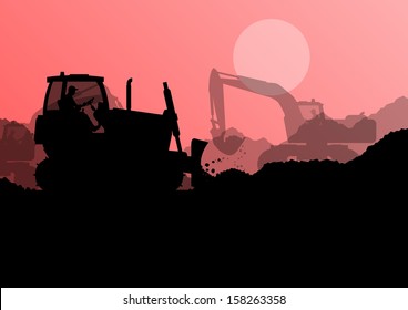 Bulldozer and excavator loader at industrial construction site vector background illustration