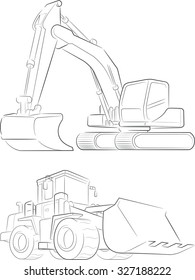 Bulldozer & Excavator Vector Line Art