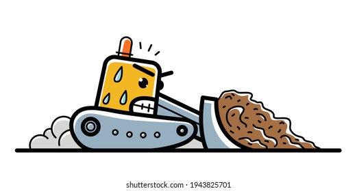 Bulldozer with facial expression of hard work and anger vector cartoon style icon isolated on white background.