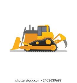 Bulldozer flat vector illustration isolated on white background. Construction equipment clip art in cartoon style. Kid drawing. Hand drawn.