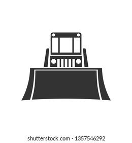 Bulldozer. Front view. Black silhouette of a tractor. Vector drawing. Isolated object on white background. Isolate.