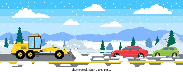 bulldozer grader cleaning removing snow from road.cars in snowdrifts on highway winter weather