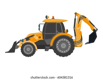 Bulldozer with heap in flat design isolated on white. Power machine for earthwork and building. Vector illustration of crawler continuous tracked tractor equipped with substantial metal plate blade