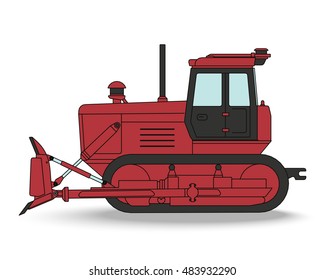 Bulldozer. Heavy construction machine for moving and leveling of soil. Vector illustration. Red  tractor with a blade isolated on white background.