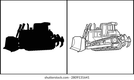 Bulldozer Heavy Construction Machinery Line Art and Silhouette Icon Ready for Engineering Projects