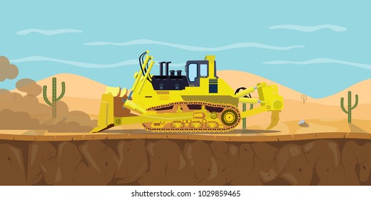 a bulldozer heavy equipment on desert with cactus as background vector graphic illustration